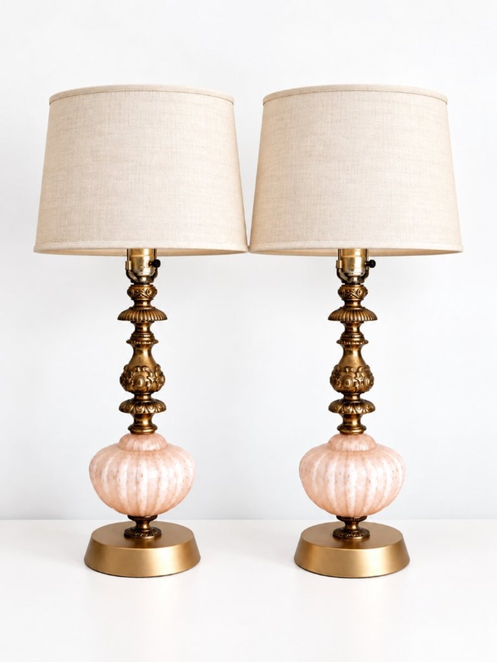 Vintage Hollywood Regency Pink Glass Gold Table Lamps Pair
